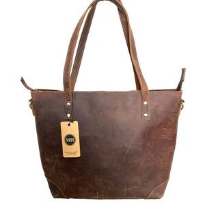 NEW MH 100% Genuine Leather Distressed Brown Large Tote Laptop Bag Purse